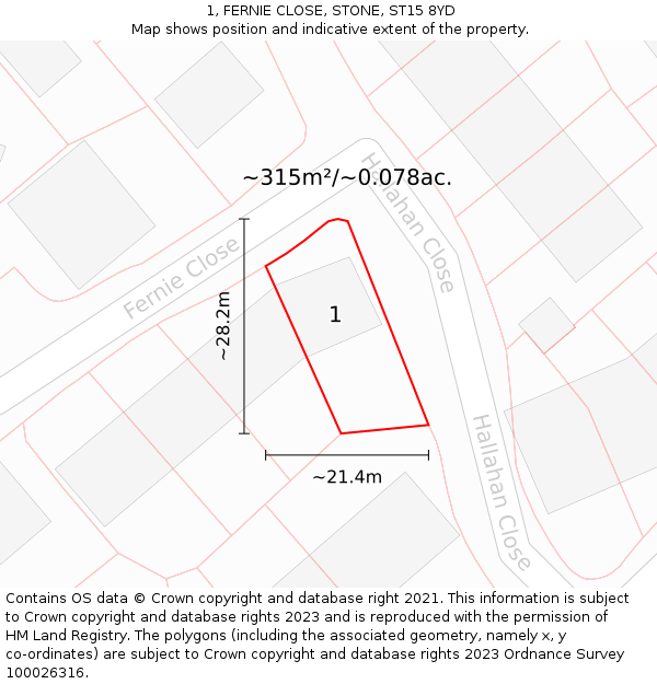 1, FERNIE CLOSE, STONE, ST15 8YD: Plot and title map