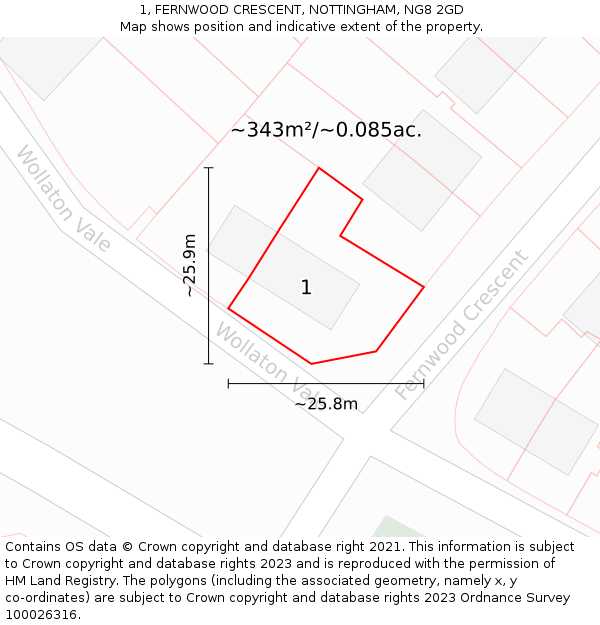 1, FERNWOOD CRESCENT, NOTTINGHAM, NG8 2GD: Plot and title map