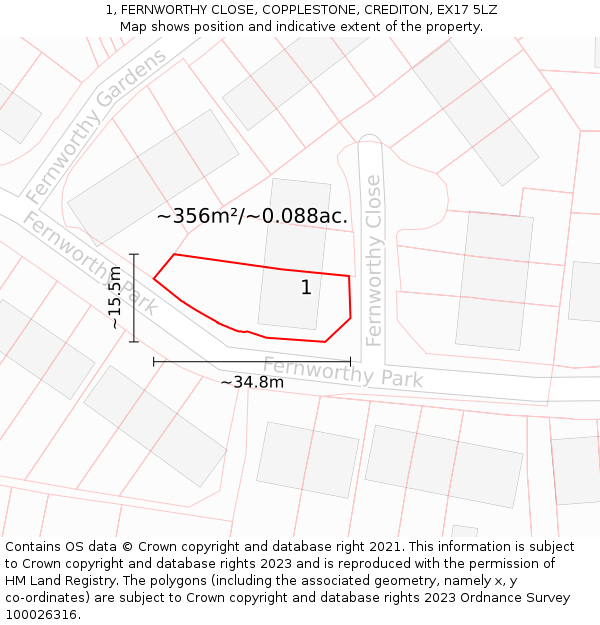 1, FERNWORTHY CLOSE, COPPLESTONE, CREDITON, EX17 5LZ: Plot and title map