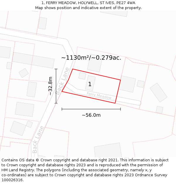 1, FERRY MEADOW, HOLYWELL, ST IVES, PE27 4WA: Plot and title map