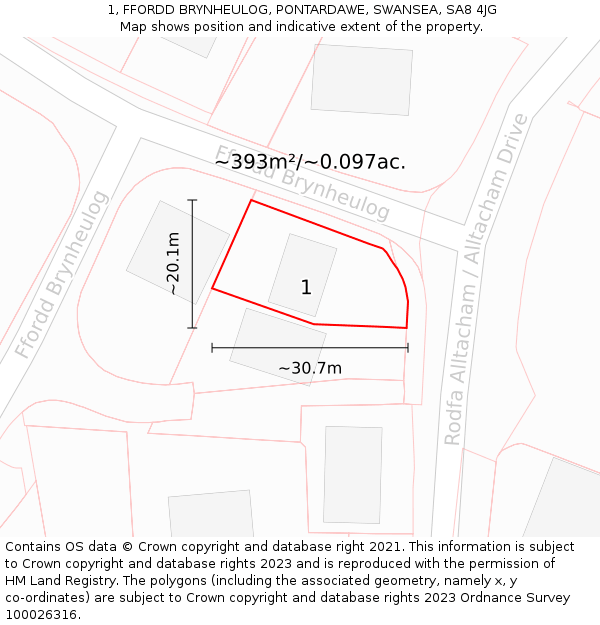 1, FFORDD BRYNHEULOG, PONTARDAWE, SWANSEA, SA8 4JG: Plot and title map