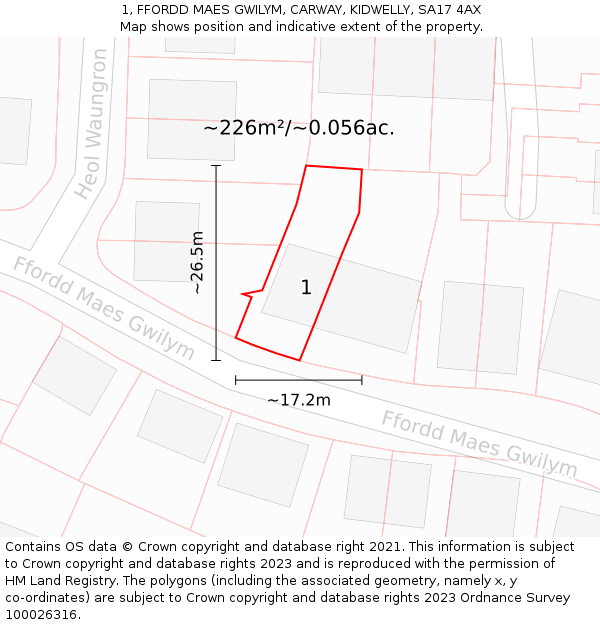 1, FFORDD MAES GWILYM, CARWAY, KIDWELLY, SA17 4AX: Plot and title map