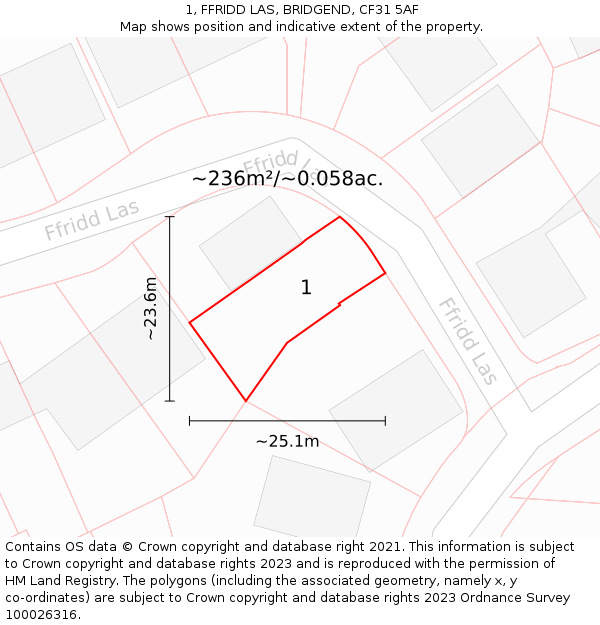 1, FFRIDD LAS, BRIDGEND, CF31 5AF: Plot and title map
