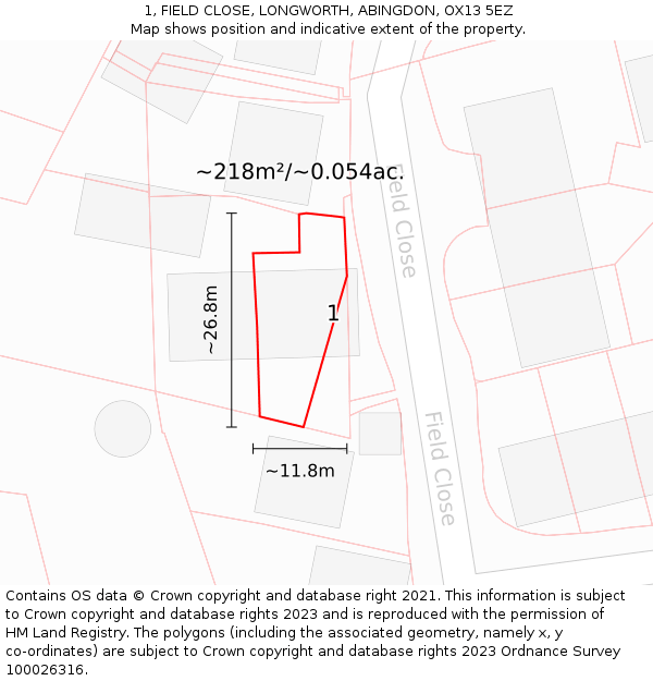 1, FIELD CLOSE, LONGWORTH, ABINGDON, OX13 5EZ: Plot and title map