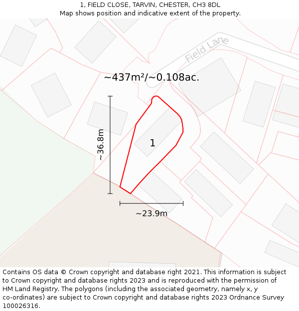 1, FIELD CLOSE, TARVIN, CHESTER, CH3 8DL: Plot and title map