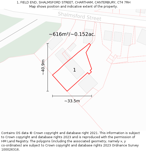 1, FIELD END, SHALMSFORD STREET, CHARTHAM, CANTERBURY, CT4 7RH: Plot and title map