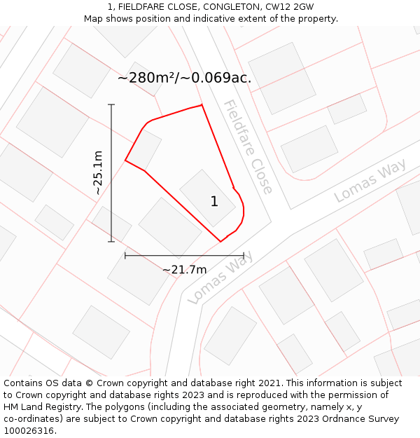 1, FIELDFARE CLOSE, CONGLETON, CW12 2GW: Plot and title map