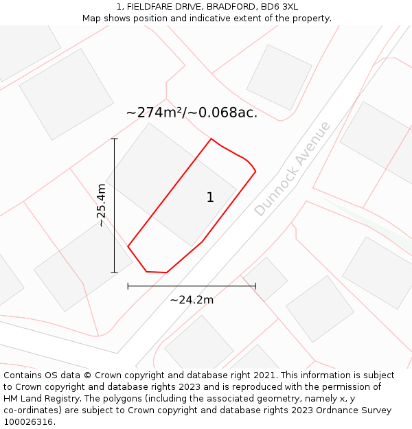 1, FIELDFARE DRIVE, BRADFORD, BD6 3XL: Plot and title map