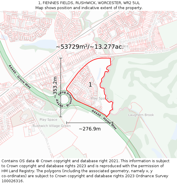 1, FIENNES FIELDS, RUSHWICK, WORCESTER, WR2 5UL: Plot and title map