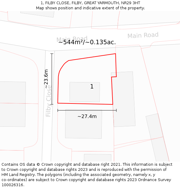 1, FILBY CLOSE, FILBY, GREAT YARMOUTH, NR29 3HT: Plot and title map