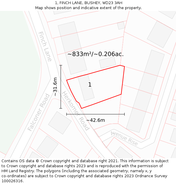 1, FINCH LANE, BUSHEY, WD23 3AH: Plot and title map