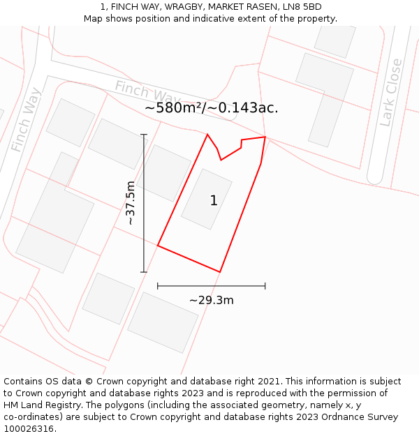 1, FINCH WAY, WRAGBY, MARKET RASEN, LN8 5BD: Plot and title map