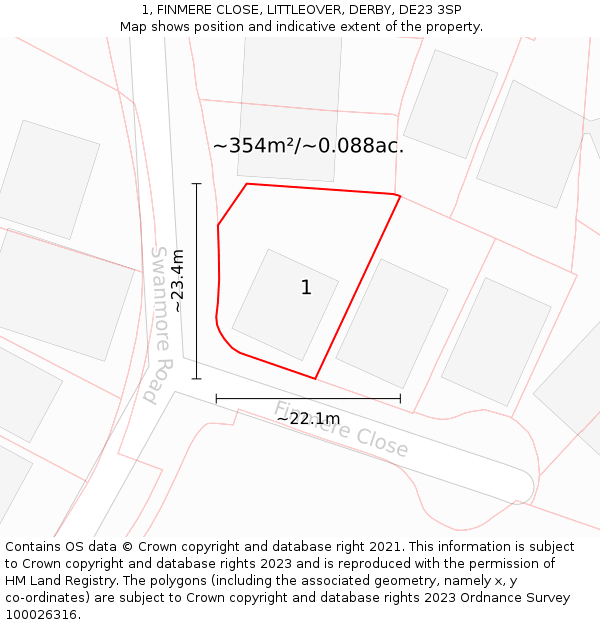 1, FINMERE CLOSE, LITTLEOVER, DERBY, DE23 3SP: Plot and title map