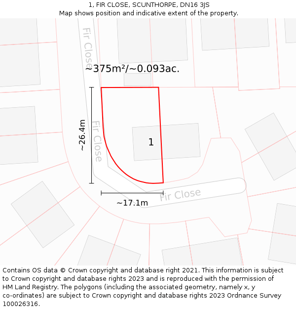 1, FIR CLOSE, SCUNTHORPE, DN16 3JS: Plot and title map