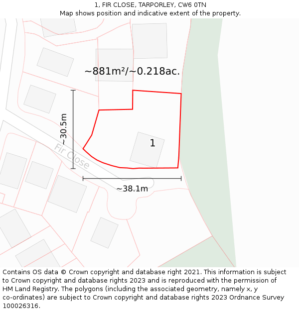 1, FIR CLOSE, TARPORLEY, CW6 0TN: Plot and title map