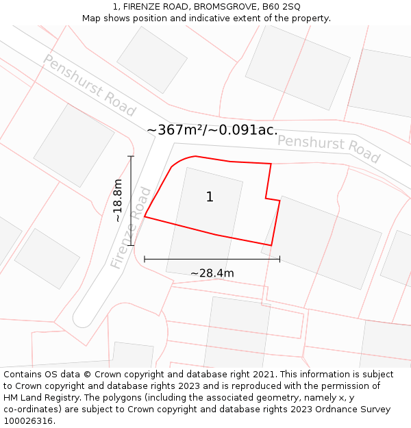 1, FIRENZE ROAD, BROMSGROVE, B60 2SQ: Plot and title map