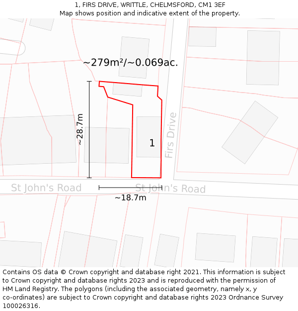 1, FIRS DRIVE, WRITTLE, CHELMSFORD, CM1 3EF: Plot and title map
