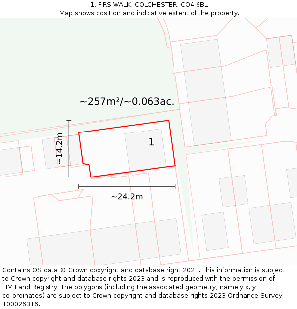 1, FIRS WALK, COLCHESTER, CO4 6BL: Plot and title map