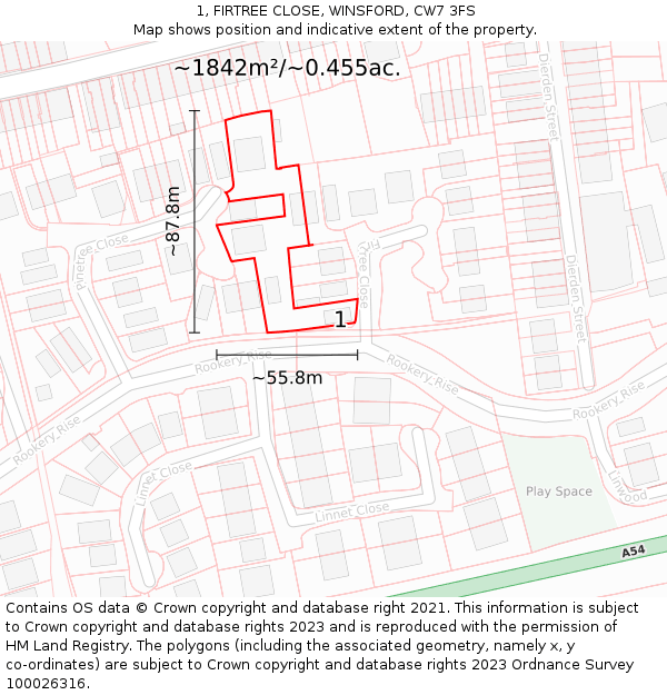 1, FIRTREE CLOSE, WINSFORD, CW7 3FS: Plot and title map