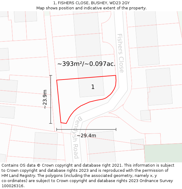 1, FISHERS CLOSE, BUSHEY, WD23 2GY: Plot and title map