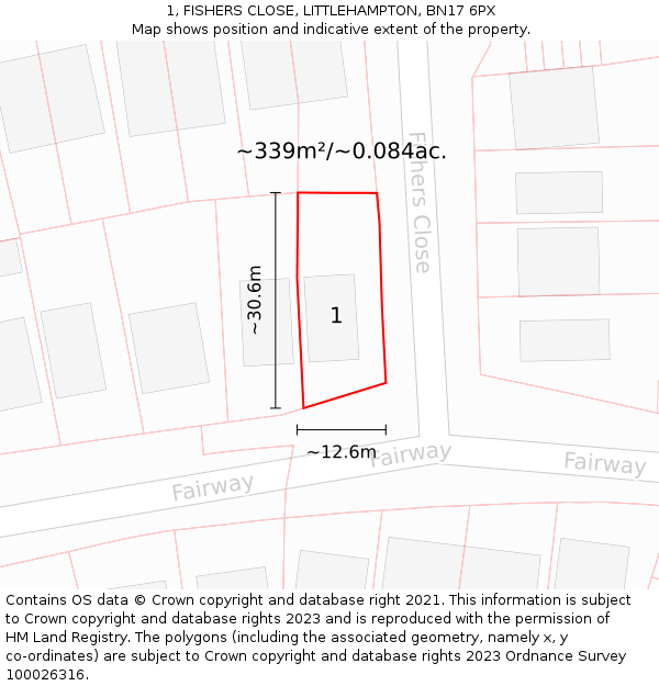 1, FISHERS CLOSE, LITTLEHAMPTON, BN17 6PX: Plot and title map