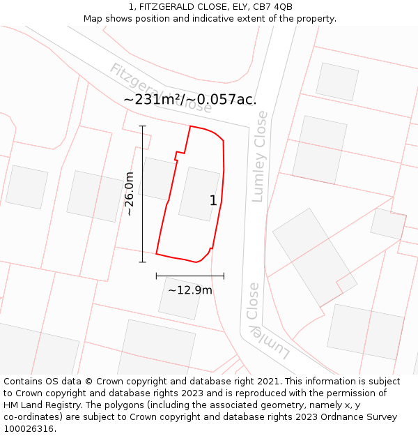 1, FITZGERALD CLOSE, ELY, CB7 4QB: Plot and title map
