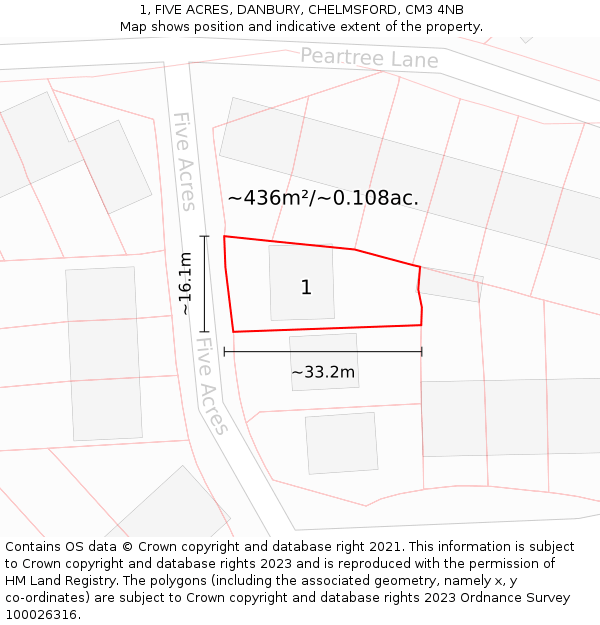 1, FIVE ACRES, DANBURY, CHELMSFORD, CM3 4NB: Plot and title map