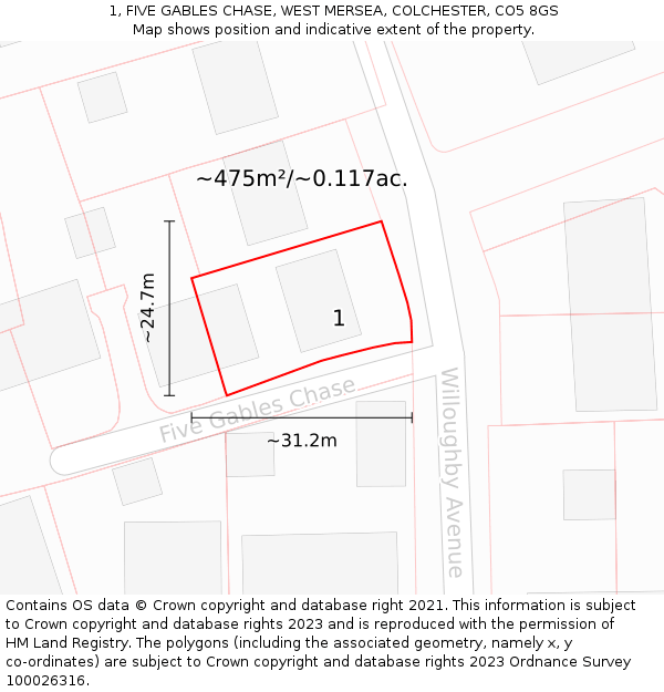 1, FIVE GABLES CHASE, WEST MERSEA, COLCHESTER, CO5 8GS: Plot and title map