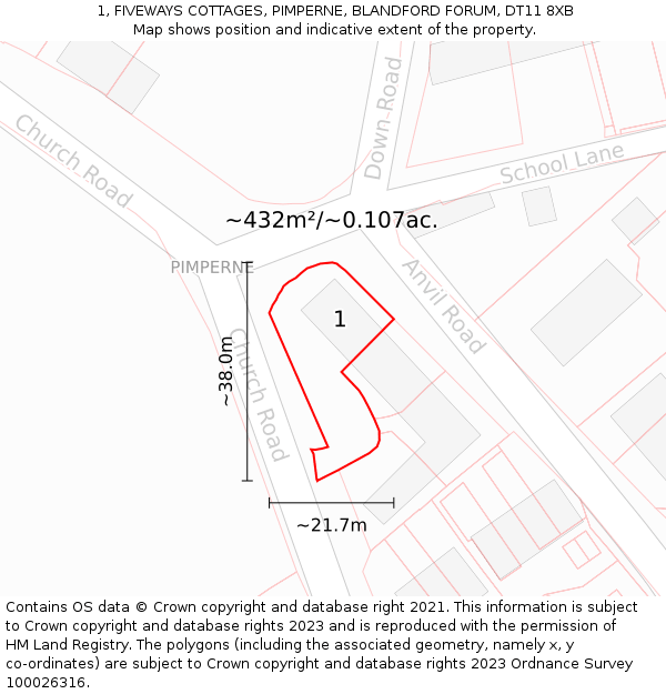 1, FIVEWAYS COTTAGES, PIMPERNE, BLANDFORD FORUM, DT11 8XB: Plot and title map