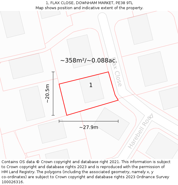 1, FLAX CLOSE, DOWNHAM MARKET, PE38 9TL: Plot and title map