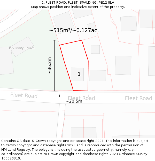 1, FLEET ROAD, FLEET, SPALDING, PE12 8LA: Plot and title map