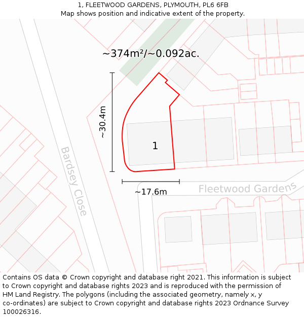 1, FLEETWOOD GARDENS, PLYMOUTH, PL6 6FB: Plot and title map
