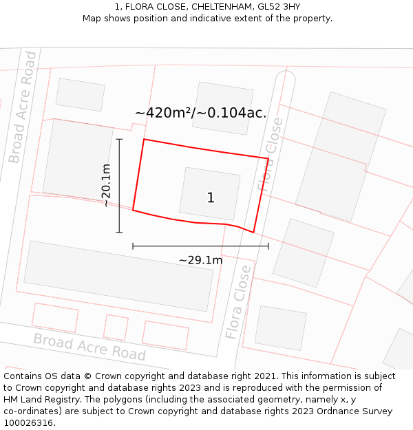 1, FLORA CLOSE, CHELTENHAM, GL52 3HY: Plot and title map