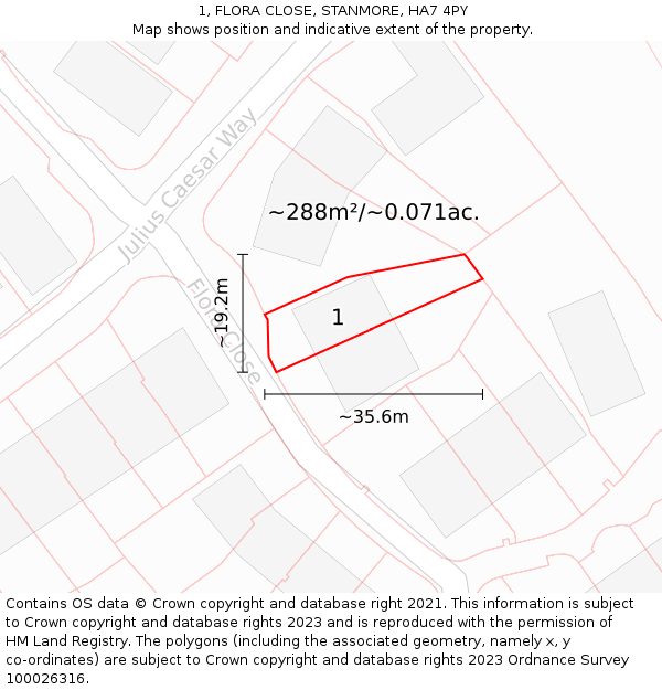 1, FLORA CLOSE, STANMORE, HA7 4PY: Plot and title map