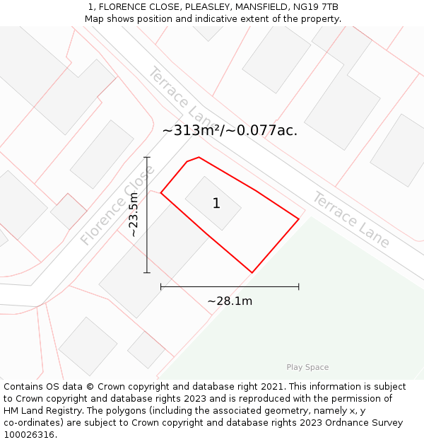 1, FLORENCE CLOSE, PLEASLEY, MANSFIELD, NG19 7TB: Plot and title map