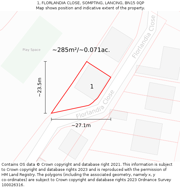 1, FLORLANDIA CLOSE, SOMPTING, LANCING, BN15 0QP: Plot and title map