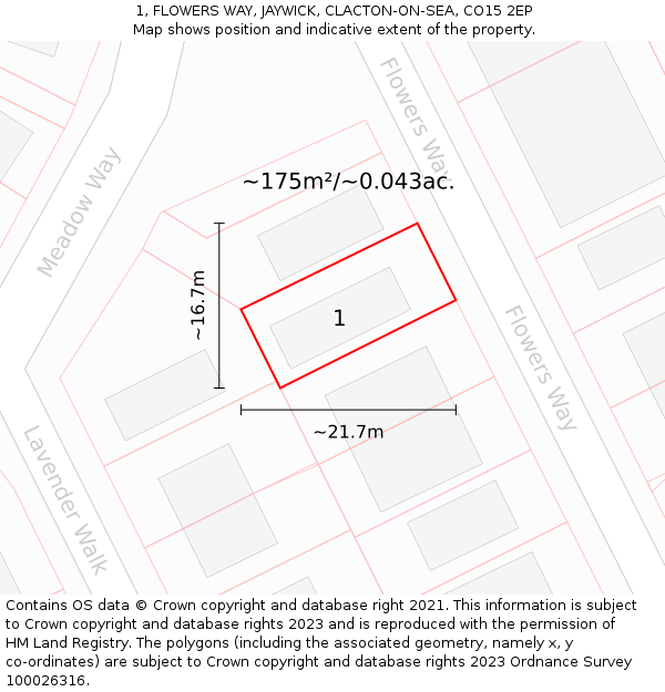 1, FLOWERS WAY, JAYWICK, CLACTON-ON-SEA, CO15 2EP: Plot and title map