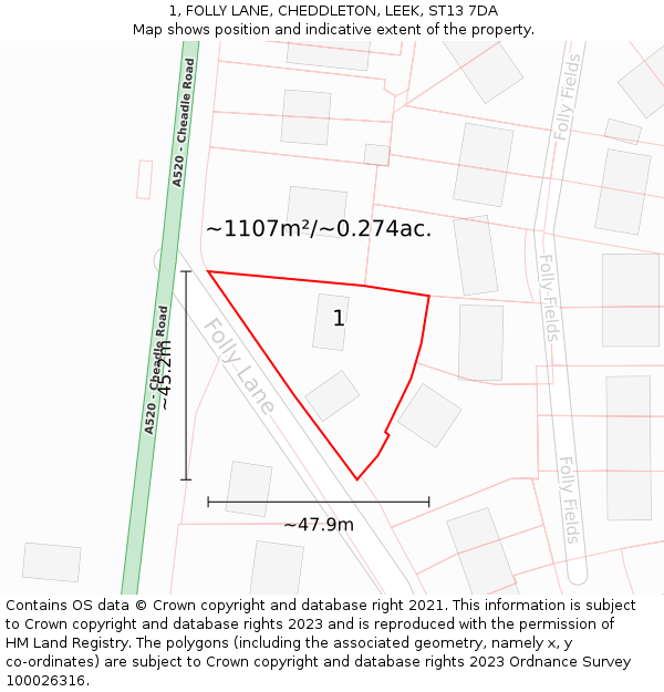 1, FOLLY LANE, CHEDDLETON, LEEK, ST13 7DA: Plot and title map