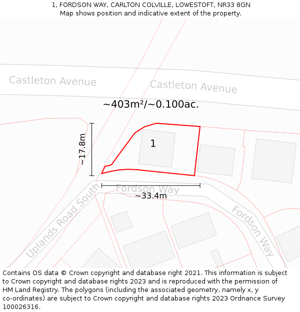 1, FORDSON WAY, CARLTON COLVILLE, LOWESTOFT, NR33 8GN: Plot and title map
