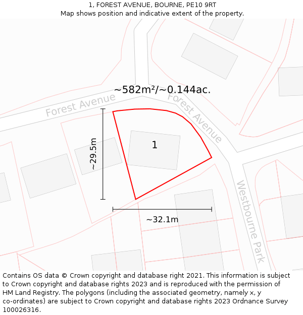1, FOREST AVENUE, BOURNE, PE10 9RT: Plot and title map