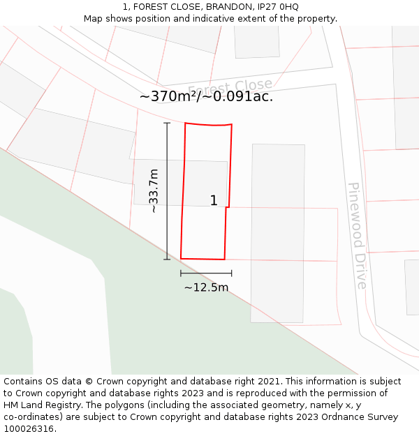 1, FOREST CLOSE, BRANDON, IP27 0HQ: Plot and title map