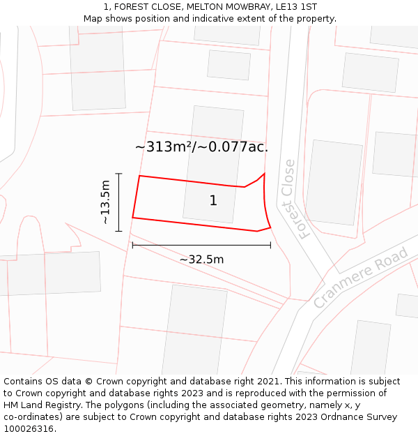 1, FOREST CLOSE, MELTON MOWBRAY, LE13 1ST: Plot and title map