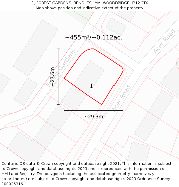 1, FOREST GARDENS, RENDLESHAM, WOODBRIDGE, IP12 2TX: Plot and title map