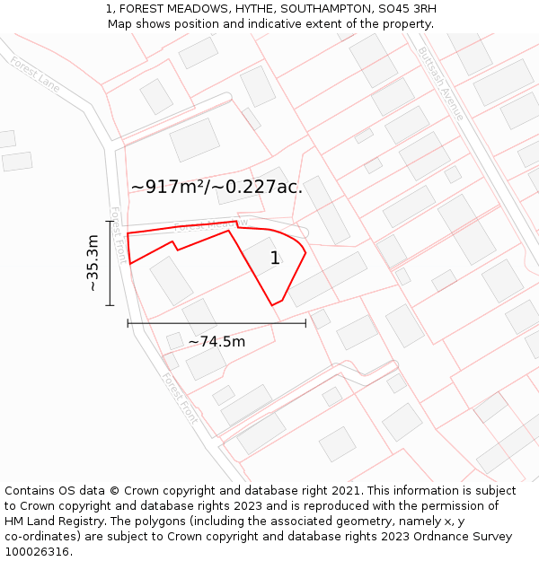 1, FOREST MEADOWS, HYTHE, SOUTHAMPTON, SO45 3RH: Plot and title map