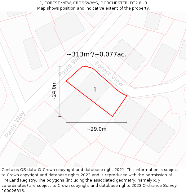 1, FOREST VIEW, CROSSWAYS, DORCHESTER, DT2 8UR: Plot and title map