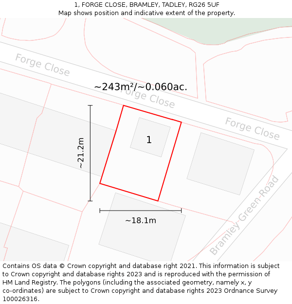 1, FORGE CLOSE, BRAMLEY, TADLEY, RG26 5UF: Plot and title map
