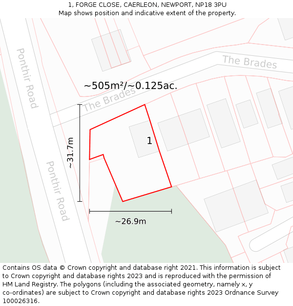 1, FORGE CLOSE, CAERLEON, NEWPORT, NP18 3PU: Plot and title map