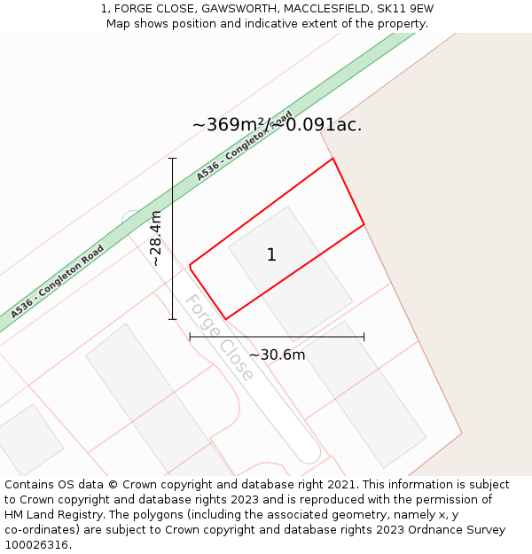 1, FORGE CLOSE, GAWSWORTH, MACCLESFIELD, SK11 9EW: Plot and title map