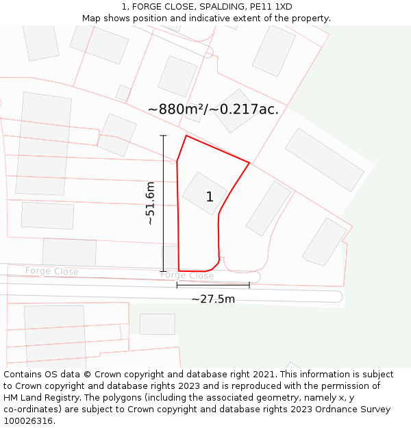 1, FORGE CLOSE, SPALDING, PE11 1XD: Plot and title map