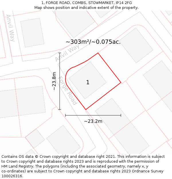 1, FORGE ROAD, COMBS, STOWMARKET, IP14 2FG: Plot and title map